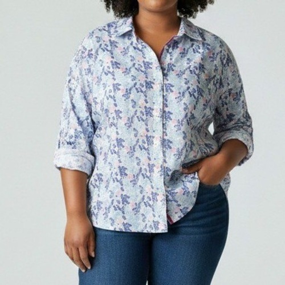 Talbots Women Button Down Shirt 1X Blue Pink Floral Cotton Classic Preppy Class